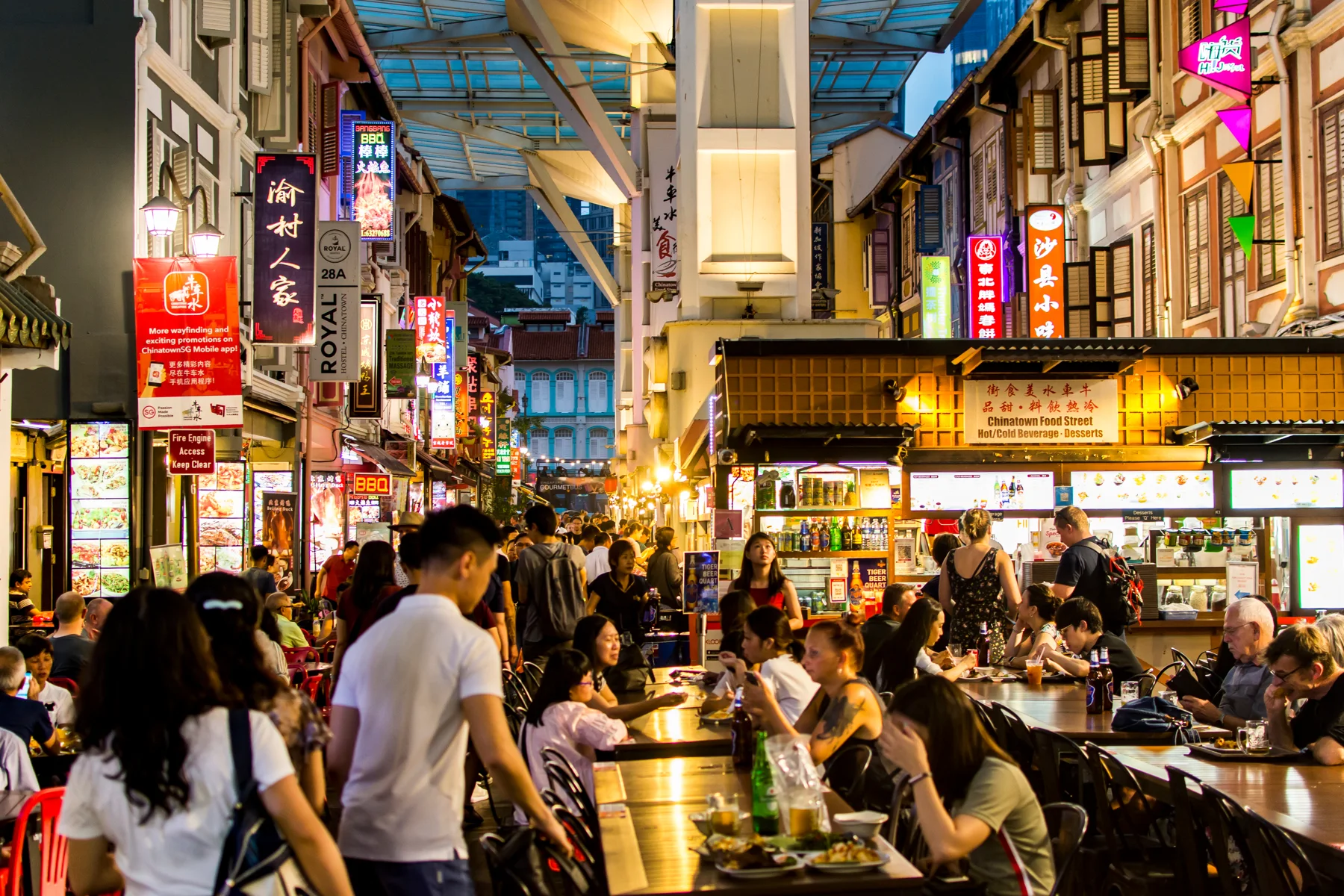 A busy evening on Chinatown Food Street, Singapore